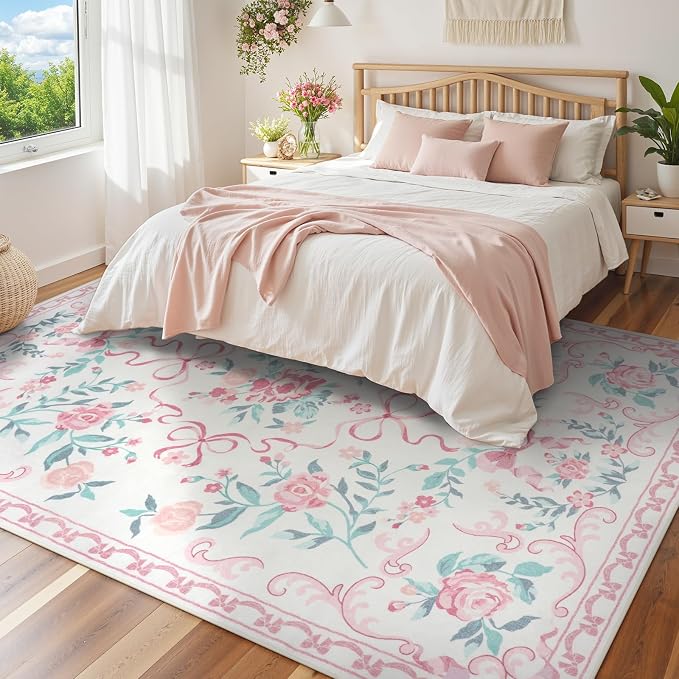 Collive 6x9 Pink Area Rug, Boho Bow and Floral Rugs for Living Room Machine Washable, Soft Ultra-Thin Bow Carpet Non Slip for Girls Room Bedroom Entryway Playroom