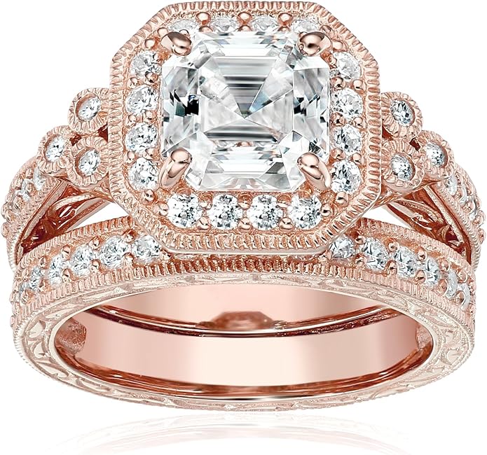 Amazon Essentials Platinum or Gold Plated Sterling Silver Antique Ring set with Asscher-Cut Infinite Elements Cubic Zirconia
