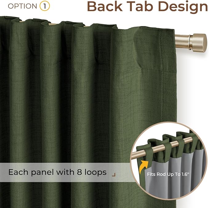 INOVADAY 100% Blackout Curtains 84 Inches Length 2 Panels Set, Back Tab/Rod Pocket Linen Black Out Curtains for Bedroom, Thermal Insulated Window Drapes - Loden Green, W50 X L84