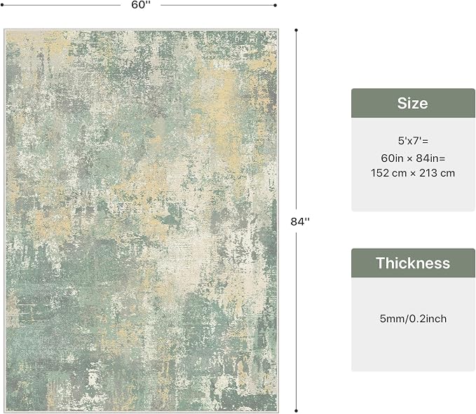 5x7 Area Rugs Washable Green Rug for Living Room Bedroom, Abstract Modern Large Rug Non Slip, Water Repellent Low Pile Soft Carpet for Dining Room, Grey Green