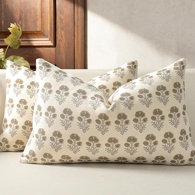 Farmhouse Floral Pillow Covers 12x20 Set of 2, Country Botanical Throw Pillow Cover for Sofa Couch Bed Living Room, Rustic Vintage Flower Cushion Covers Cottage Home Décor,Vintage Walnut