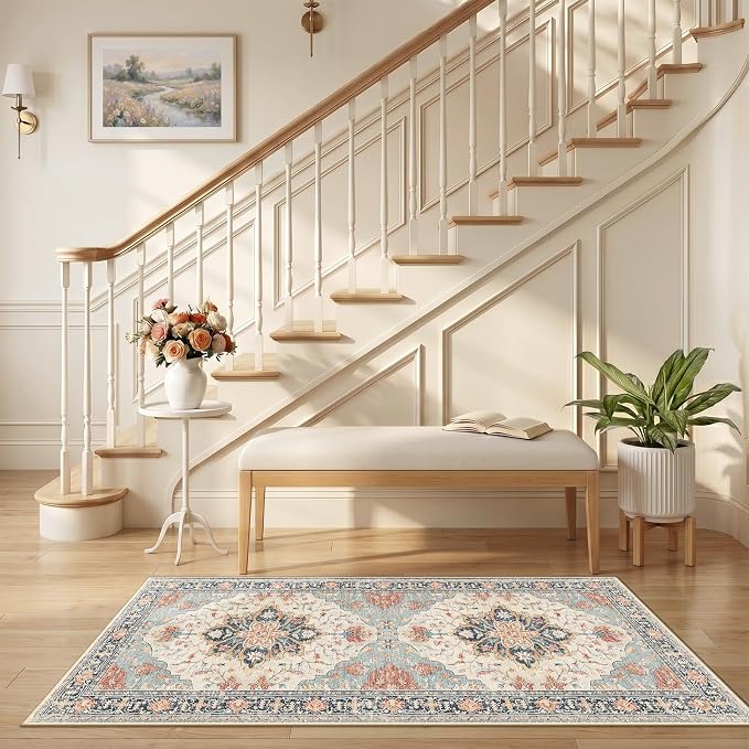 RELEANY Area Rugs Runner 2'6"x5' Washable Non-Slip, Floral Vintage Distress Medallion Carpet for Kitchen Hallway Bedroom Beside Laundry Room Bathroom, Beige Navy Blue Orange Colorful