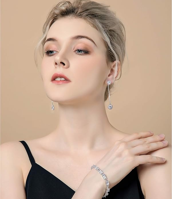 Crystal Linear Drop Earrings - Womens Sterling Silver Round Cubic Zirconia CZ Diamond Rhinestone Long Chain Dangle Earrings Bridal Drop Earrings for Wedding Bride Bridesmaids