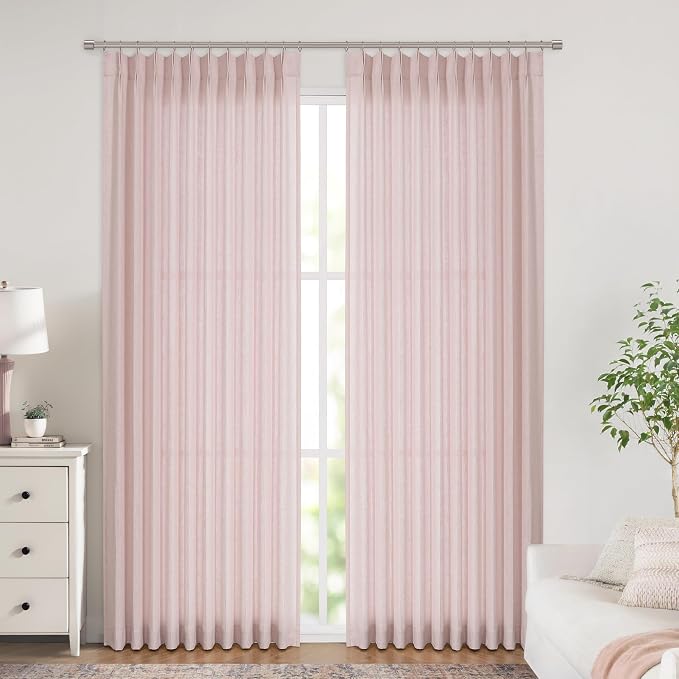 Vision Home Light Pink Pinch Pleated Semi Sheer Curtains Textured Linen Blended Light Filtering Window Curtains 108 inch for Living Room Bedroom Patio Pinch Pleat Drapes with Hooks 9FT 60" Wx108 Lx1