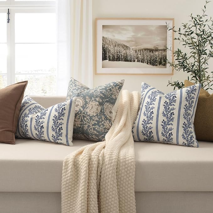Vintage Throw Pillow Covers 24x24 Set of 2, Striped Floral Pillow Cover Botanical Patterned Decorative Cushion Covers Modern Farmhouse Home Decor for Sofa Couch Bed Living Room, Indigo Blue