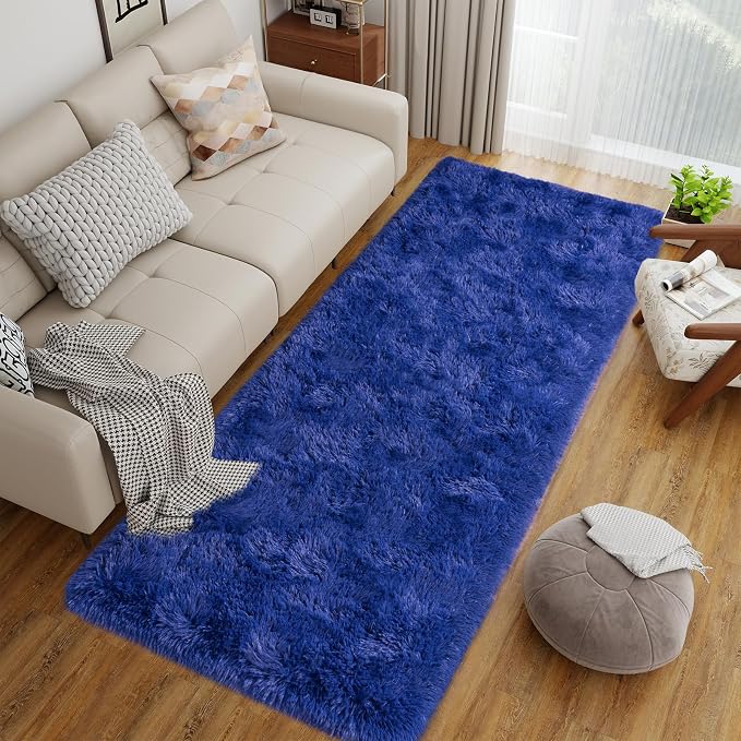 Dssimo 2x6 Blue Runner Rug for Bedroom Bedside Hallway Living Room | Soft Fluffy Shag Upgrade Non-Slip Carpet for Kids,Girls Boys and Teens Decorations for Living Room Dorm Nursery Classroom