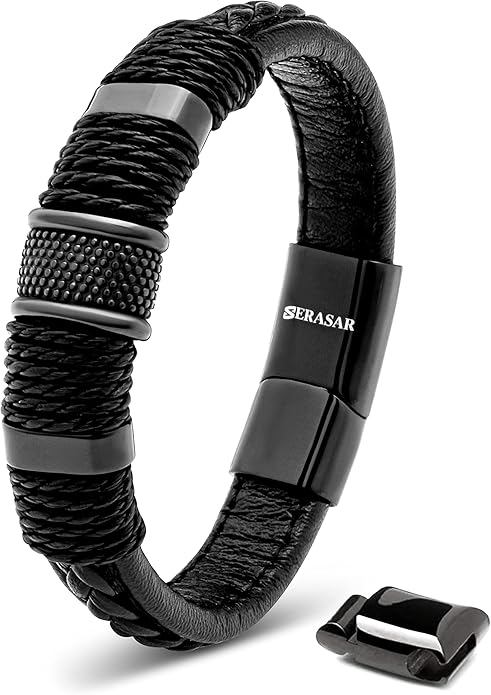 SERASAR Premium Leather Bracelet Men | Stainless Steel Magnetic Clasp | Three Colors | Jewelry Box Included