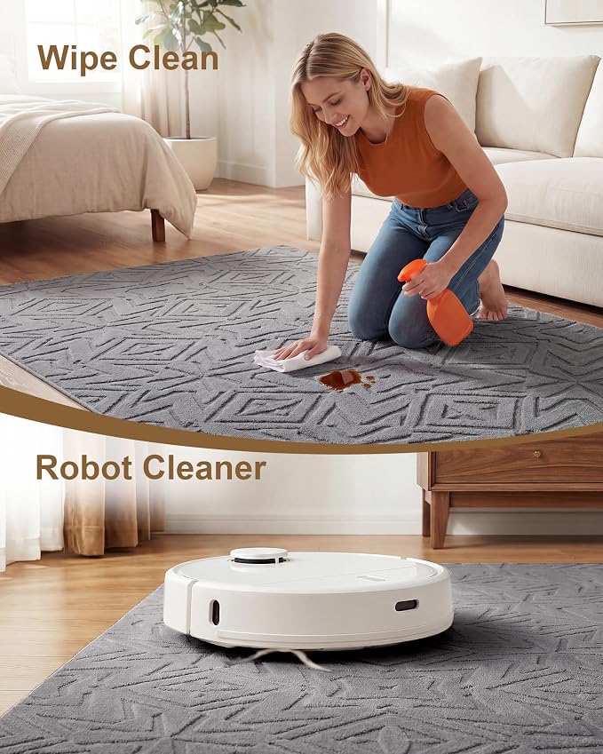 Carvapet 6.5' Round Rug Washable High Low Pile Area Rug Soft Plush Carpet for Living Room Bedroom Non Slip Indoor Floor Rug for Home Kids Nursery Decor