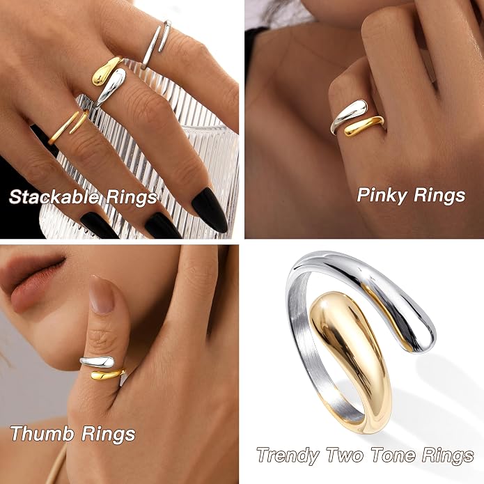 Non Tarnish Gold Chunky Rings for Women, 14K Gold Plated Statement Dome Rings Stacking Silver, Adjustable Mens Eternity Wedding Band Mixed Metal Jewelry Size 3-13