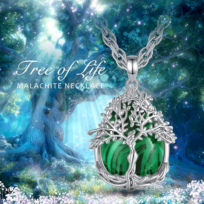 Vito Tree of Life Necklace for Women Men, Silver Plated Copper Teardrop Moonstone/Obsidian/Turquoise/Amethyst/Malachite Crystal Tree Necklace Protection Energy Amulet Jewelry Gift for Mom Wife, 20+2"