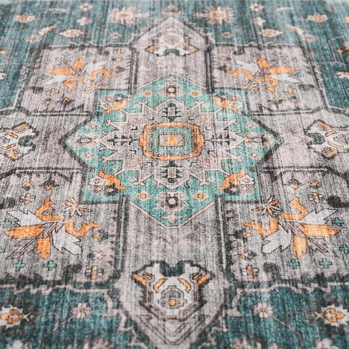 Living Room 9x12 Area Rugs - Large Boho Rugs for Living Room Stain Resistant Carpet Vintage Tribal Rugs for Bedroom Kitchen Bathroom with Non Slip Backing Home Decor Floor Decoration Mat 9x12 Teal