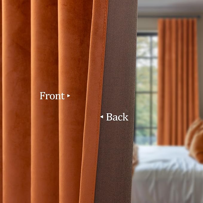 Burnt Orange Velvet Curtains 72 Inch Length 2 Panels for Dining Room Living Back Tab Pleated Thermal Insulated Curtains for Summer Heat Block Winter Rust Terracotta Drape for Girls Bedroom Kids Funky