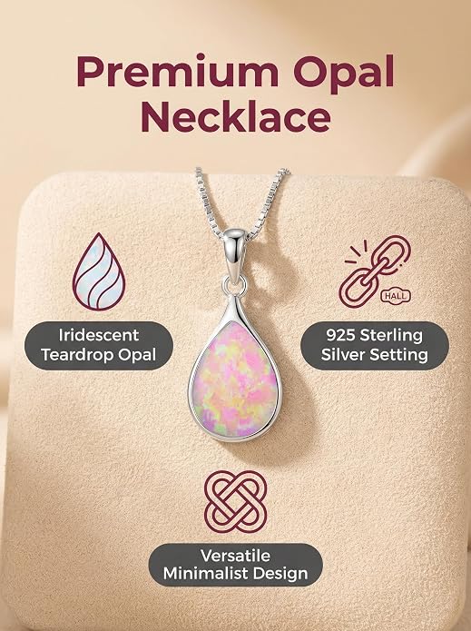 Teardrop Opal Necklace for Women - 925 Sterling Silver October Birthstone Pendant Necklace, Dainty Pear Shape Gemstone Jewelry Gif for Her, Adjustable Box Chain