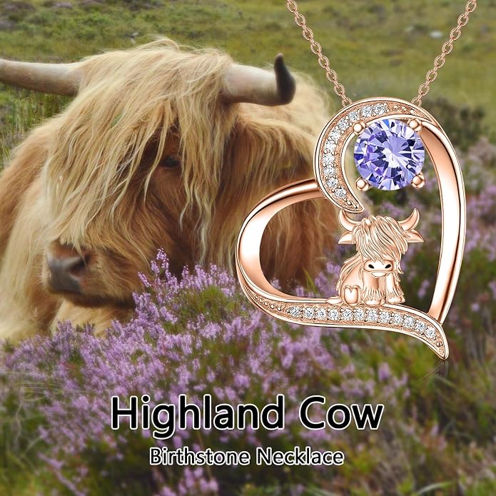 Highland Cow Gifts for Women 925 Sterling Silver Highland Cow Birthstone Necklace Fluffy Cow Jewelry Gifts Birthday Christmas