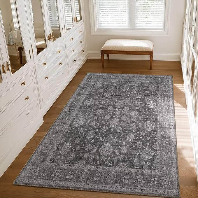 Washable 3x5 Entryway Rug, Boho Vintage Non-Slip Door Mat, Dark Grey | 0.3" Neutral Throw Small Rugs for Bedroom Kitchen Nursery Entrance, Cushioned for High-traffic Area
