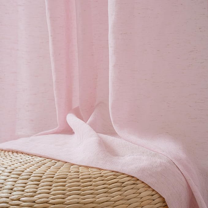 FMFUNCTEX Pink Flax Linen Sheer Curtains 96 Inch Long Rod Pocket 2 Panels | Semi Sheer Window Drapes Pink for Bedroom and Living Room, Farmhouse French Window Curtain Privacy