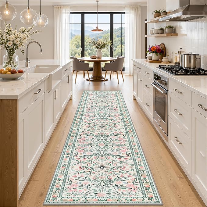 Runner Rug for Entryway: 2x5 Kitchen Rugs Non Slip Washable Ultra-Thin Soft Floral Carpet Indoor Floor Stain Resistant Carpets for Hallway Bedroom Kitchen Laundry Bathroom Dorm Green/Beige
