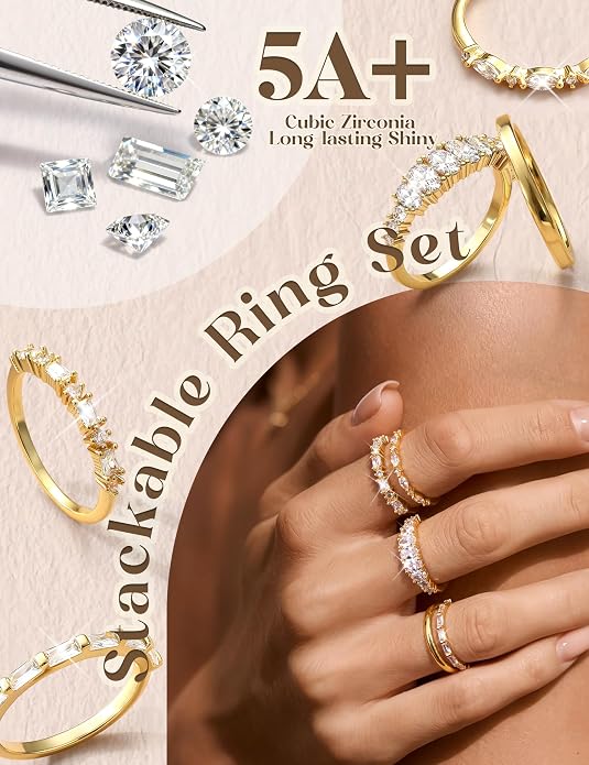 FUNRUN JEWELRY 14K Gold Plated Rings for Women Non Tarnish Stackable Rings Dainty Cubic Zirconia Band Pinky Thumb Knuckle Ring Set Trendy Statement Promise Wedding Thin Stacking Ring Size 5-10 5PCS