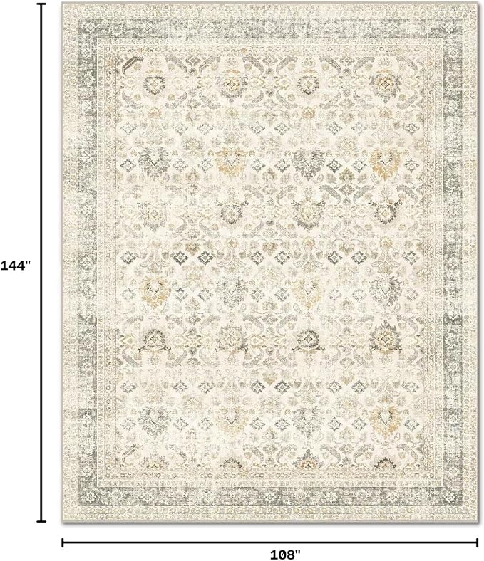 Boho Washable 9x12 Area Rugs for Living Room, Cushioned, Beige/Grey | Vintage Non-slip Neutral Oriental Rugs for Bedroom Dining Room Nursery Office High Traffic Area