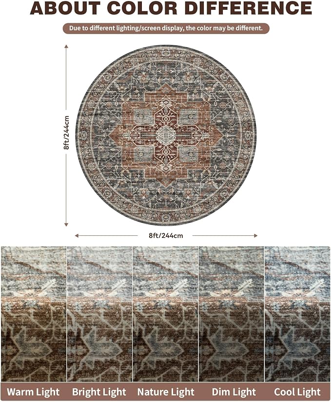 Roxstand 8ft Round Washable Area Rug, Non Slip Rug, Grey/Brown/Tan | 6x6 Low Pile Rug, Stain Resistant, Non-Shedding Surface, Pet & Kid Friendly Circle Rug for Living Room, Bedroom, Dining Room