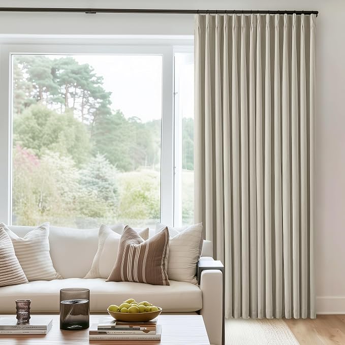 Oatmeal Beige Linen Blackout 92 Inch Curtains for Living Room 2 Panels Set | Pinch Pleated Back Tab, Thermal Insulated Full Black Out Curtains, Memory Shape Trained, for Bedroom Sliding Door, W40xL92