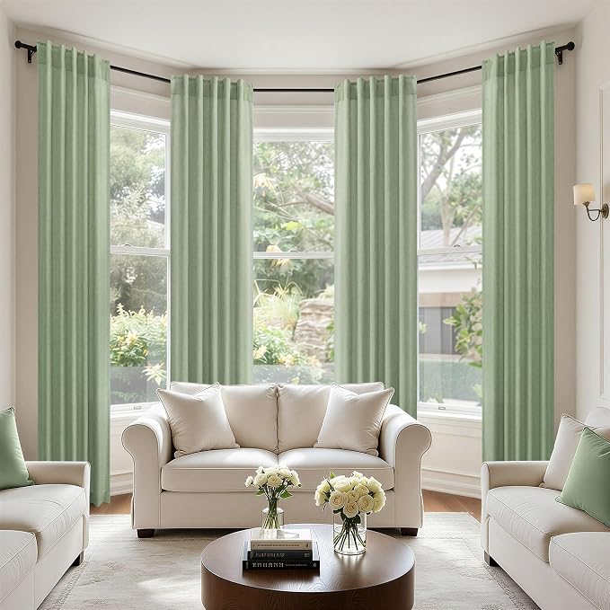 Sage Green Curtains 38 Inch Width for Kitchen Doors 2 Panels Back Tab Rod Pocket Linen Cafe Tier Light Filtering Short Sheer Light Green Curtains for Bathroom Laundry Farmhouse Decor Wide 38x45 Length