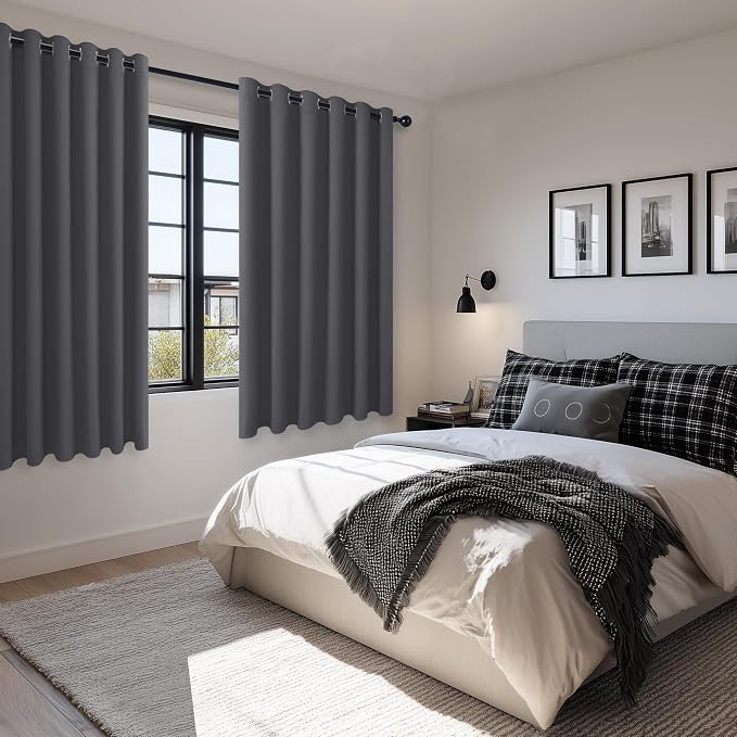 Hiasan Grommet Blackout Curtains for Bedroom, 70 x 63 Inches - Thermal Insulated & Light Blocking Window Drapes for Living Room/Dorm Room, Set of 2 Panels Sewn with Tiebacks, Dark Grey