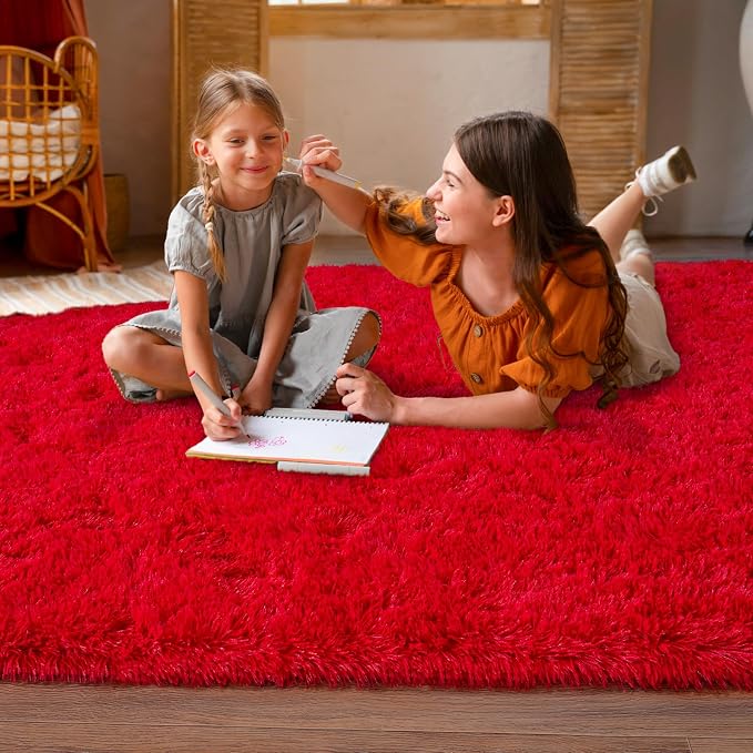 Dssimo Red Rug for Bedroom 5x7 Area Rugs for Living Room Shaggy | Soft Fluffy Bedside Indoor Floor Carpet for Kids,Girls Boys and Teens Deco Christmas Aesthetic for Dorm Nursery Classroom
