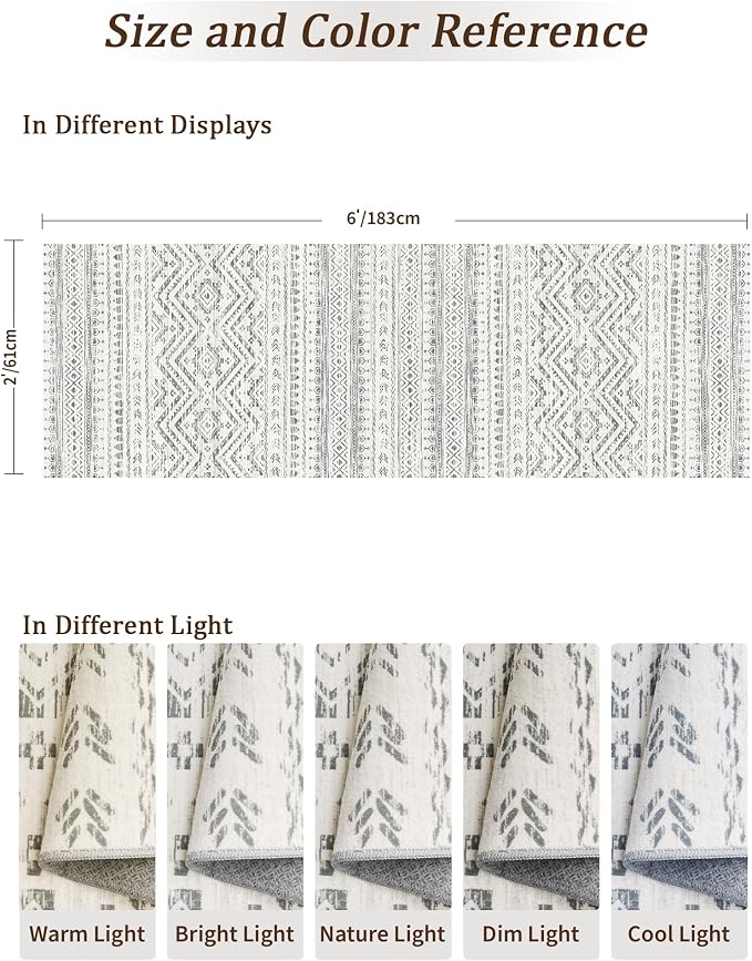 Miukiki 2x6 Hallway Runner Rug Moroccan Washable Runner Rug with Soft Low Pile and Non-Slip Backing Indoor Carpet for Kitchen Entryway Living Room Bathroom and Laundry Room (Grey,2'x6')