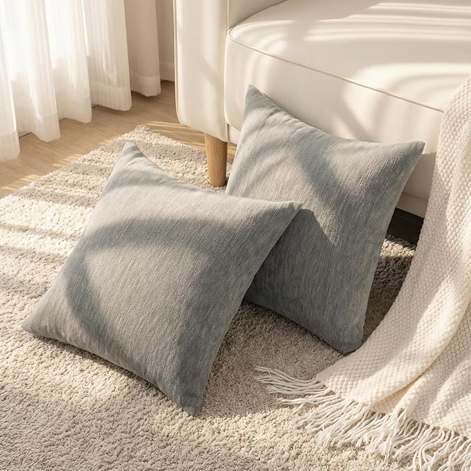 Set of 4 Grey Throw Pillow Covers 18x18 Inch, Neutral Boho Farmhouse Aesthetic Decorative Pillow Cases for Couch, Sofa, Living Room & Bed, Soft Chenille Pillow Cases, Stylish Home Decor, 45x45 cm