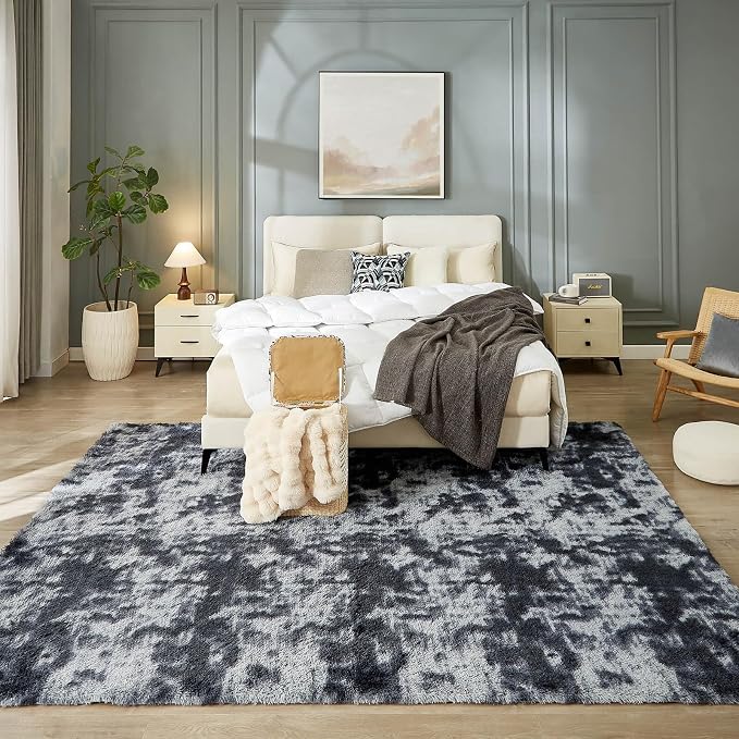 Floralux 9x12 Shag Rug for Living Room, Tie-Dyed Dark Grey, Soft Area Rugs for Bedroom