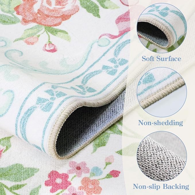 Collive 3x5 Nursery Rug, Boho Pink and Blue Floral Area Rugs Machine Washable, Soft Ultra-Thin Bow Carpet Non Slip for Girls Room Bedroom Entryway Playroom Living Room