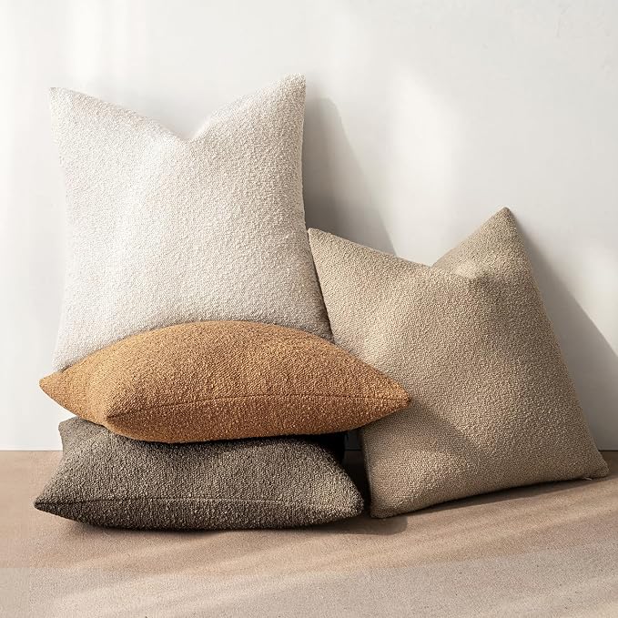 MIULEE Fall Decorative Boucle Throw Pillow Covers 18x18 Brown Set of 4 | Neutral Textured Accent Pillow Cases Soft Couch Cushion Covers for Modern Farmhouse Boho Sofa Bed Livingroom Home Decor
