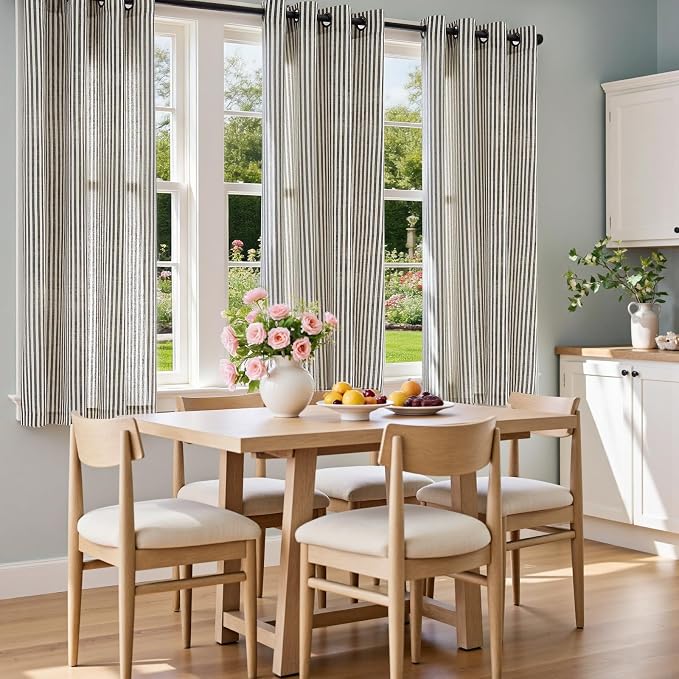 Vangao Linen Stripe Black Curtains Tickingstripe Light Filtering Window Curtains Pinstripe Printed on Beige Drapes 63 Inches Long for Living Room Bedroom Dorm 2 Panels