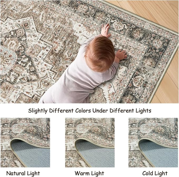Roxstand Washable 3x5 Area Rug, Non Slip Rug for Entryway Brown/Beige | Low Pile Vintage Rug, Stain Resistant, Non-Shedding Design, Pet & Kid Friendly, Carpet for Living Room, Bedroom, Dining Room