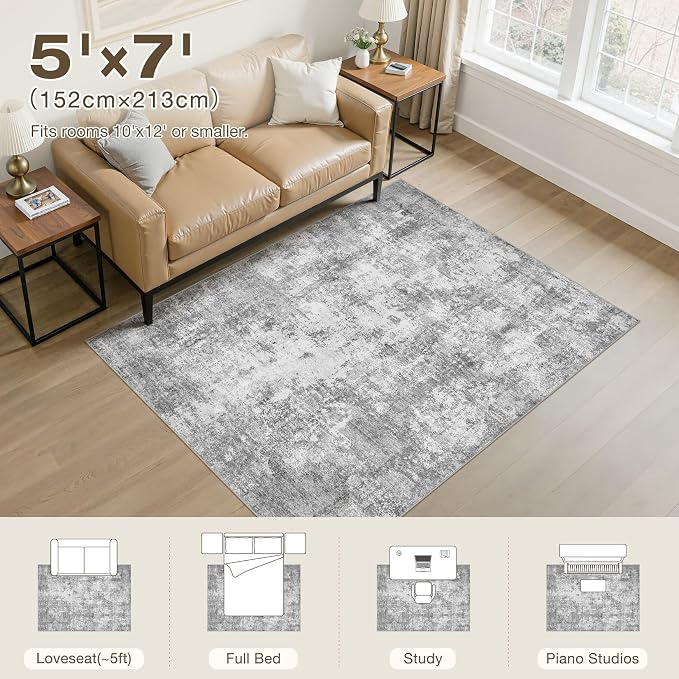 Area Rugs 5x7, Non Slip Low Pile Soft Washable Rug for Living Room | Neutral Modern Abstract Large Carpet, Stain Resistant and Kid & Pet Friendly, Made for Bedroom, Nursery,Home Office - Gray