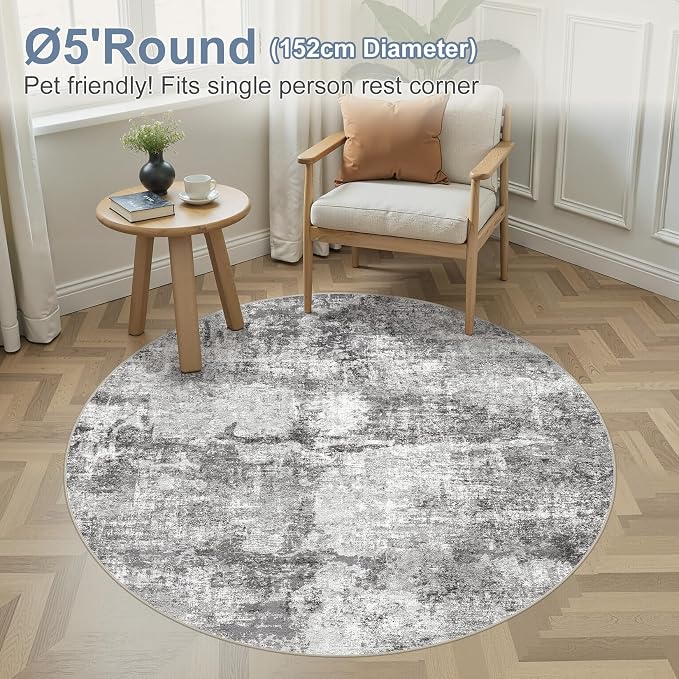 DMOYEST 5ft Round Area Rug for Living Room - 5x5 Washable & Non Slip Circle Rug, Kid & Pet Friendly Soft Low Pile Abstract Carpet for Bedroom and Dining Room - Grey
