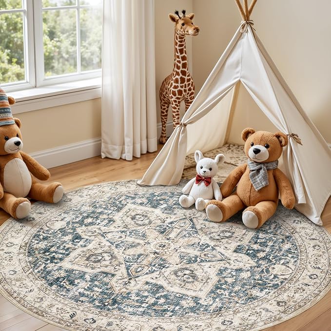 Tortania 10' Round Area Rug Living Room Rugs - Washable Boho Rug Vintage Oriental Distressed Farmhouse Large Thin Indoor Carpet for Bedroom Under Dining Table Home Office - Cream/Blue