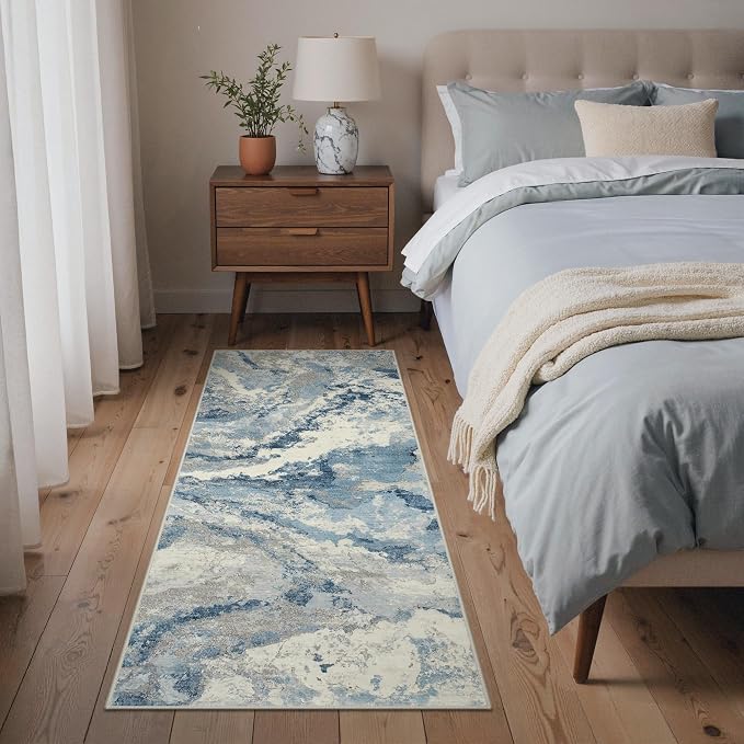 GENIMO Runner Rug Non Slip 2x6, Washable Rug Runner for Hallways Kitchen, Abstract Modern Kitchen Rugs, Low Pile Lightweight Carpet Runners for Entryway, Bedroom, Laundry, Blue Grey