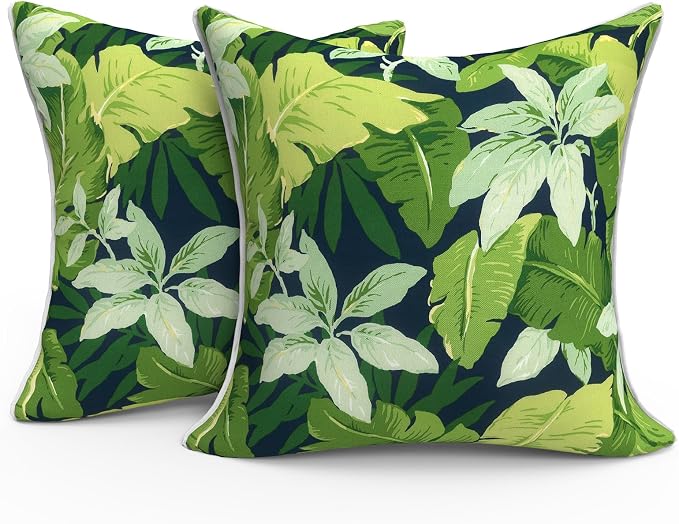 Outdoor Throw Pillow Covers Pack of 2, Decorative Water Repellent Square Pillow Cases with Piping 18x18 Inch, Jungle Leaves