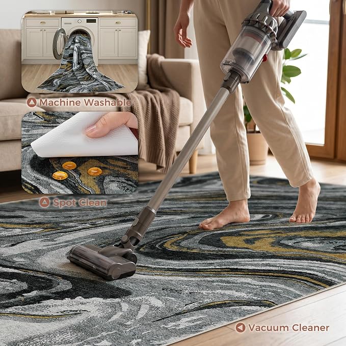 DMOYEST 6x9 Area Rug for Living Room - Washable Neutral Modern Abstract Rugs Soft Non-Slip Carpet Low Pile Indoor Floor Mat for Bedroom & Dining Room Decor for Families with Kids and Pet-Black Golden