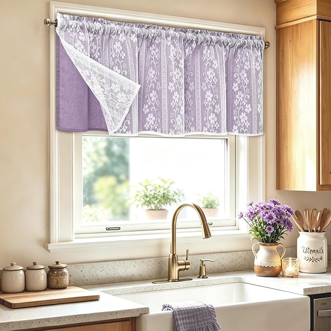 ASPMIZ Linen Valances for Windows Double Layer Valance Curtains with Lace Overlay, Purple Kitchen Curtains Light Filtering, Rod Pocket Window Valances for Living Room, Kitchen, Cafe, Bathroom, 52x18