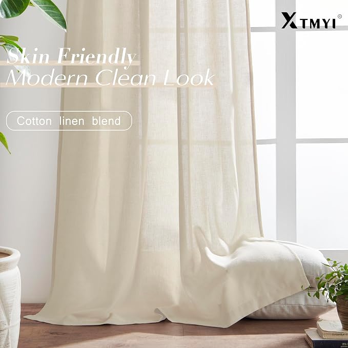 XTMYI Tan Beige Curtains 84 Inches Long for Living Room,Sheer Linen Hooks Pleated Back Tab Light Filtering Semi Opaque Curtains for Bedroom,Set of 2 Panels