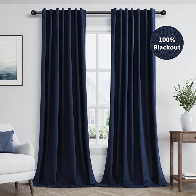 Guken Navy Blue 100% Blackout Curtains 96 Inch Length 2 Panels Set for Living Room Bedroom Back Tab Thermal Insulated Black Out Linen Drapes Room Darkening Window Curtains 96 Inches Long