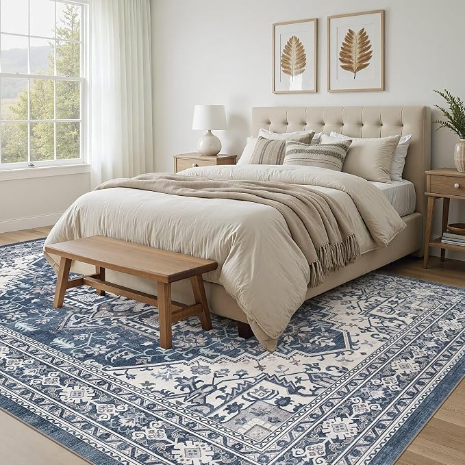 UERMEI 5x7 Area Rug for Living Room - Washable Vintage Carpet, Non-Slip Soft Large Indoor Floor Rugs for Bedroom Home Office & Under Dining Table Decor, Denim Blue/White