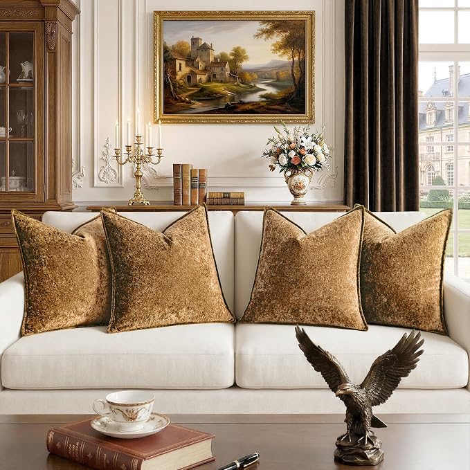 a moment Throw Pillow Covers 20X20 Inch 4 Packs,Soft Velvet Decorative Pillow Cases with 3D Ice Flower,Texture Modern Accent Cushion Covers for Sofa Couch Home Decor Golden Brown