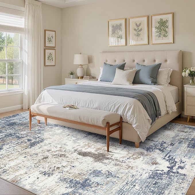 UERMEI 6x9 Area Rug Living Room Rugs - Washable Neutral Modern Abstract Soft Thin Large Rug Indoor Floor No Slip Rug Carpet for Bedroom Under Dining Table Home Office Decor- Denim Blue