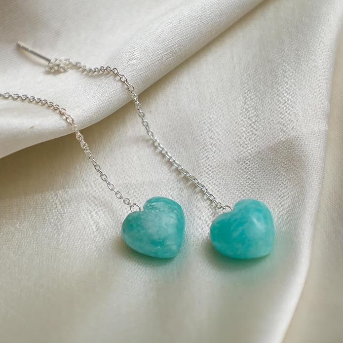 Gemstone Heart Shaped Threader Earrings in 925 Sterling Silver, Pull Through Adjustable, Versatile & Trendy, Perfect Valentine's Gift for Women, Choice of Gemstone Available