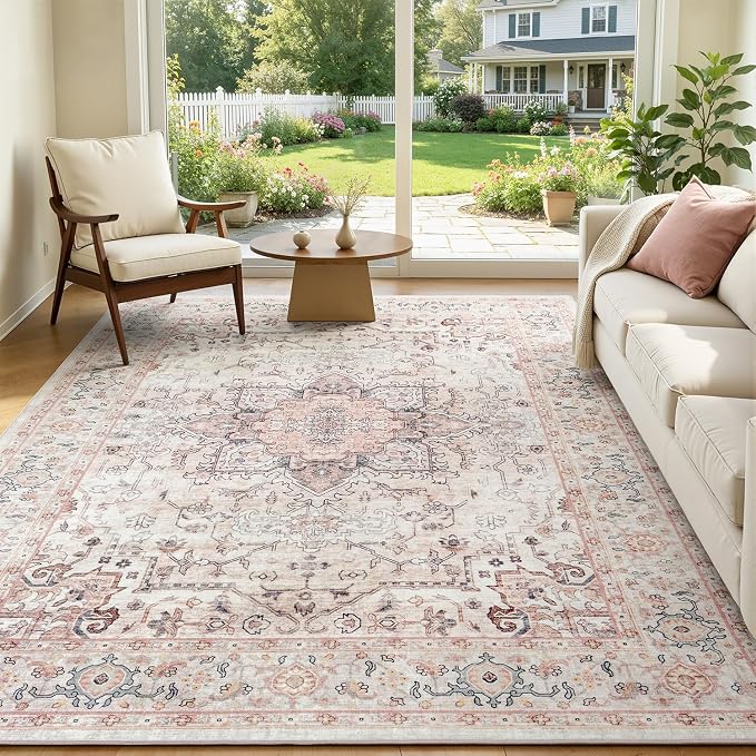 5x7 Dusty Pink Area Rugs for Living Room - Vintage Light Pink Boho Medallion Aesthetic Distressed Washable Rug, Soft Non-Slip Backing Low Pile Carpet for Nursery, Lounge, Bedroom Foot of Bed