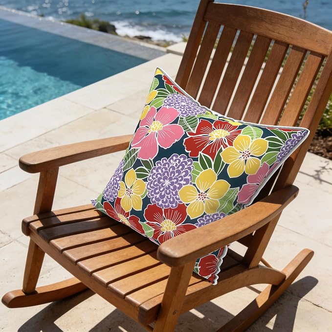 LVTXIII Outdoor Throw Pillows 16x16 Patio Waterproof Square Pillows with Piping Fade Resistant Accent Pillow for Spring Summer Garden Decoration, Set of 2, Flower Bloom